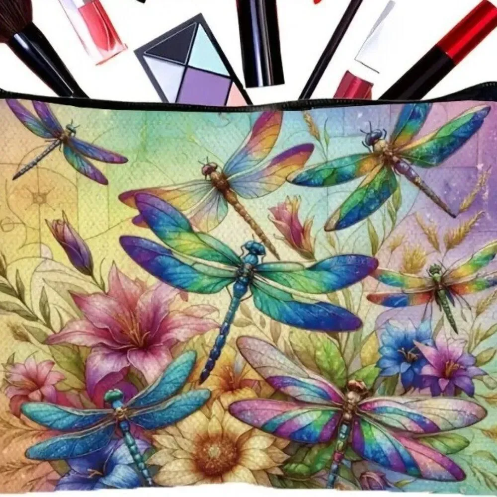 Vibrant Floral & Dragonfly Summer and Spring Makeup Bag - Double-Sided Printed